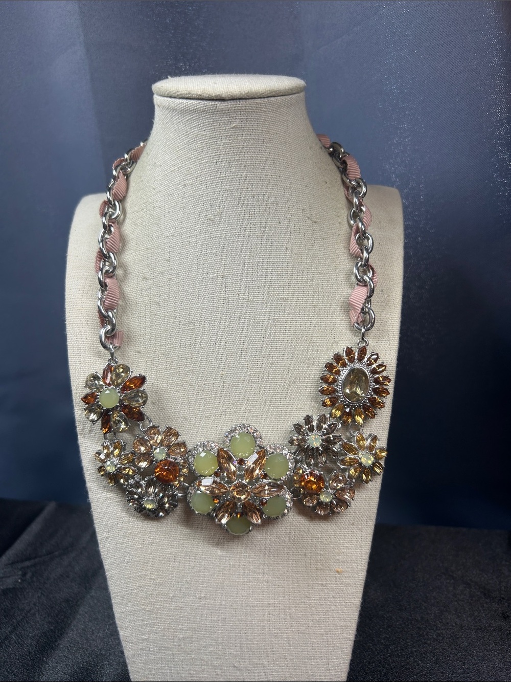 Talbots bib necklace featuring multi-colored crystals and a pink ribbon chain